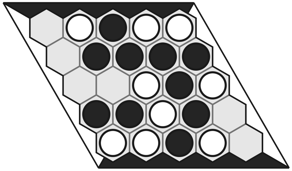 A completed Hex board showing a win for black